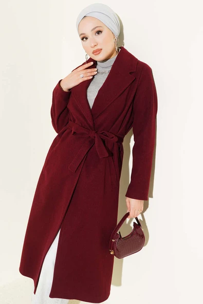 Kruvaze Yaka Kuşaklı Astarlı Kaban Bordo - Resim 2