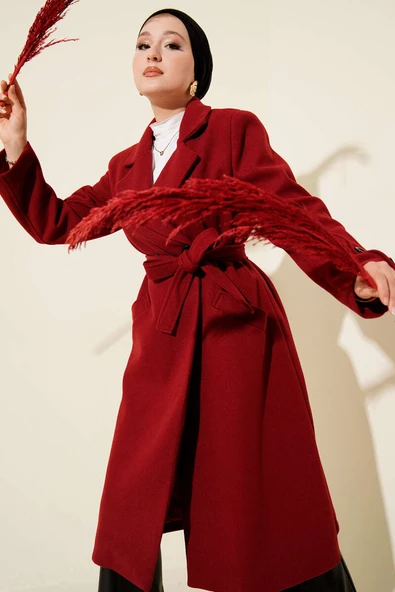 Kol Düğmeli Kuşaklı Kaşe Kaban Bordo ürün görseli 1