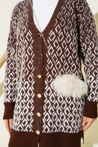 Baklava Desen Sakallı Düğmeli Triko Hırka Kahve - Resim 4