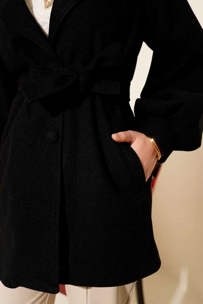 Balon Kol Kuşaklı Kısa Kaban Siyah - Resim 4