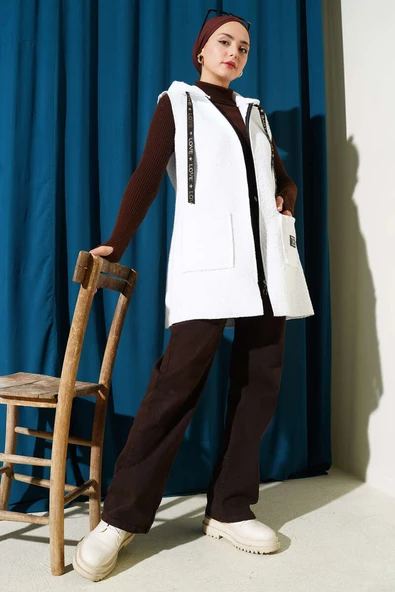 Kapüşonlu Buklet Yelek Beyaz - Resim 2