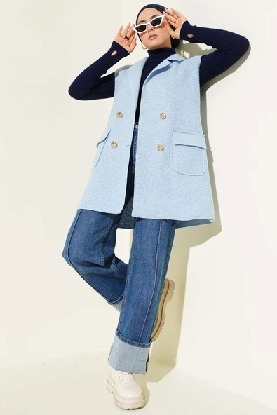 Kruvaze Yaka Düğmeli Detaylı Yelek Bebe Mavi - Resim 2