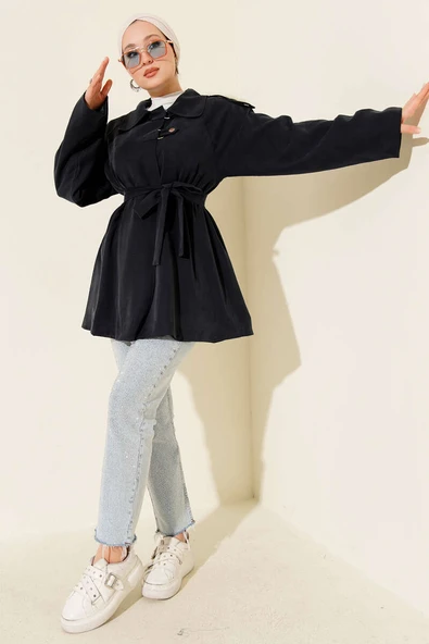 Omuz Apoletli Tensel Trençkot Lacivert - Resim 2