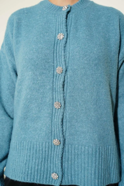 Taş Düğmeli Yumoş Triko Kısa Hırka Mint - Resim 4