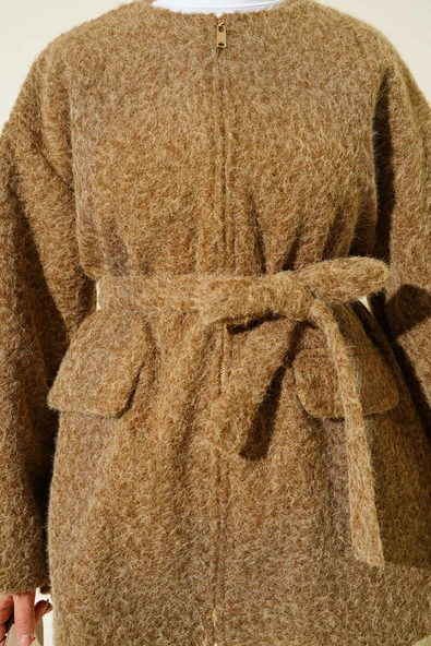 Fermuarlı Kuşaklı Keçe Ceket Taba - Resim 4