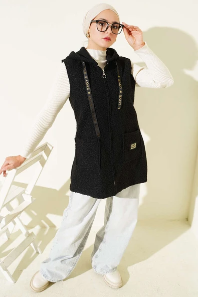 Kapüşonlu Buklet Yelek Siyah - Resim 2