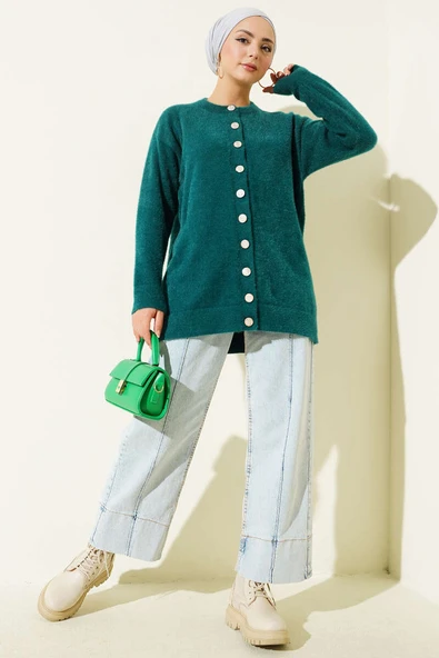 Gold Düğmeli Peluş Hırka Zümrüt - Resim 2