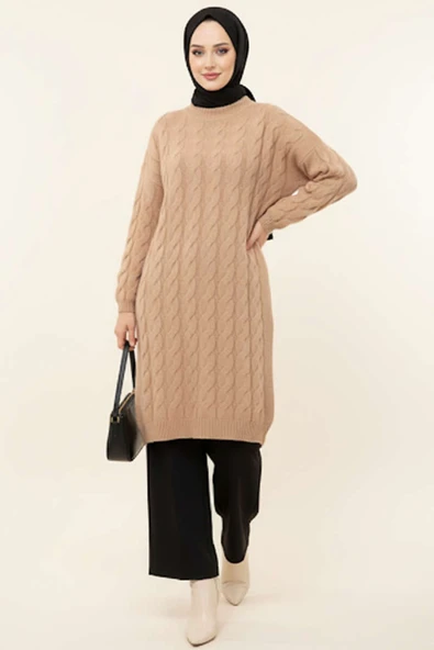 Örgü Detaylı Uzun Triko Tunik Camel ürün görseli 1