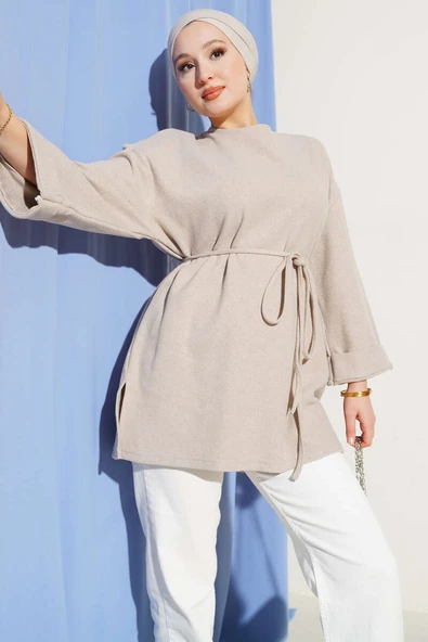 İp Bağlamalı Fitilli Kaşe Tunik Bej ürün görseli
