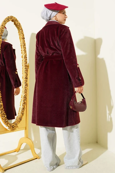 Bilek Apoletli Kuşaklı Tay Tüyü Kaban Bordo - Resim 3