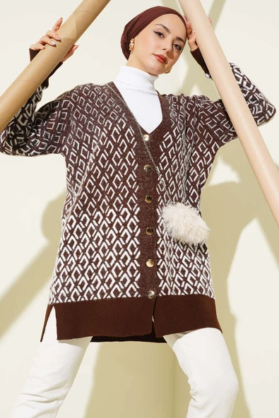 Baklava Desen Sakallı Düğmeli Triko Hırka Kahve ürün görseli 1