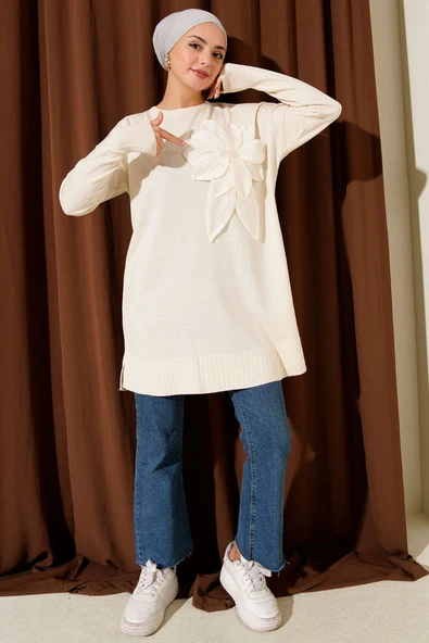 Büyük Çiçek Desenli Triko Tunik Ekru - Resim 2