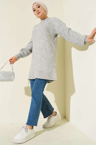Kiraz Salkımlı Kabartma Yumoş Triko Tunik Gri - Resim 2