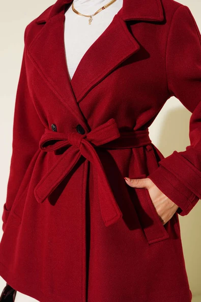 Kruvaze Yaka Kuşak Detaylı Kısa Kaşe Kaban Kırmızı - Resim 4