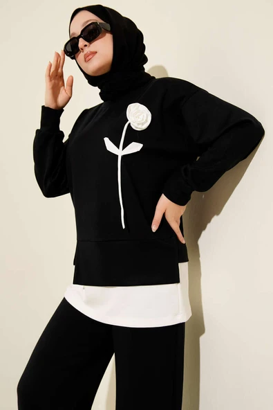 Loyşa Gül Desen İkili Takım Siyah - Resim 2