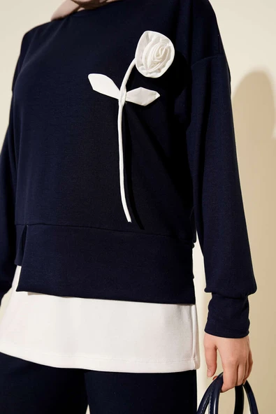 Loyşa Gül Desen İkili Takım Lacivert - Resim 4