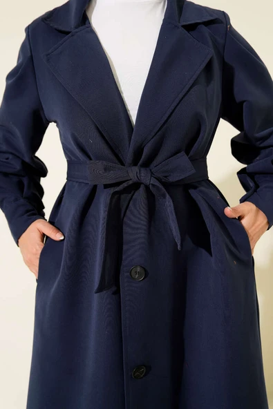 Kruvaze Yaka Kuşak Detaylı Trençkot Lacivert - Resim 4
