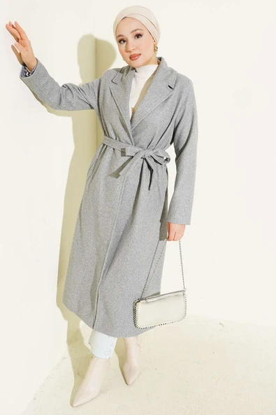 Kruvaze Yaka Kuşaklı Astarlı Kaban Gri - Resim 2