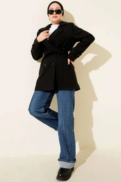 Kuşaklı Kruvaze Yaka Kısa Kaşe Kaban Siyah - Resim 2