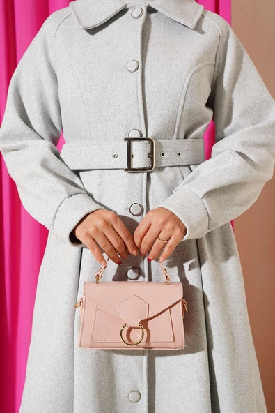 Kemerli Uzun Kaşe Kaban Gri - Resim 4