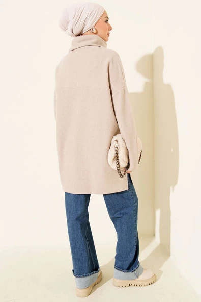 Boğazlı Fitilli Kaşe Tunik Bej - Resim 3