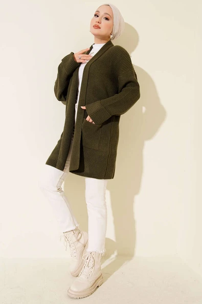 Şal Yaka Pirinç Örgü Triko Hırka Haki - Resim 2