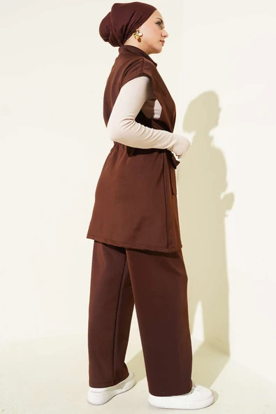 Beli Tünelli Yelekli Scuba İkili Takım Kahve - Resim 3