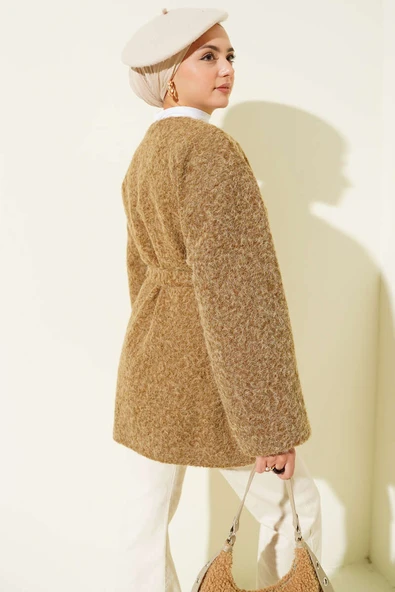 Fermuarlı Kuşaklı Keçe Ceket Taba - Resim 3