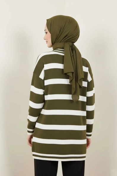 Yatay Çizgi Detaylı Triko Tunik Haki - Resim 3