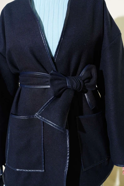 Deri Biyeli Cepli Ceket Lacivert - Resim 4