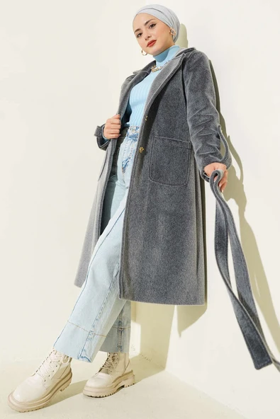 Bilek Apoletli Kuşaklı Tay Tüyü Kaban Füme - Resim 2