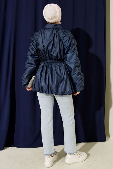 Kol Büzgülü Fermuarlı Trençkot Lacivert - Resim 3