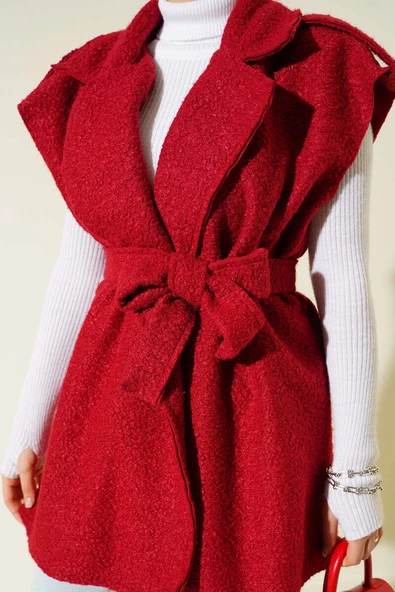 Kruvaze Yaka Kuşaklı Buklet Yelek Kırmızı - Resim 4