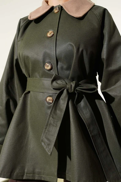 Kadife Yaka Kuşaklı Trençkot Haki - Resim 4