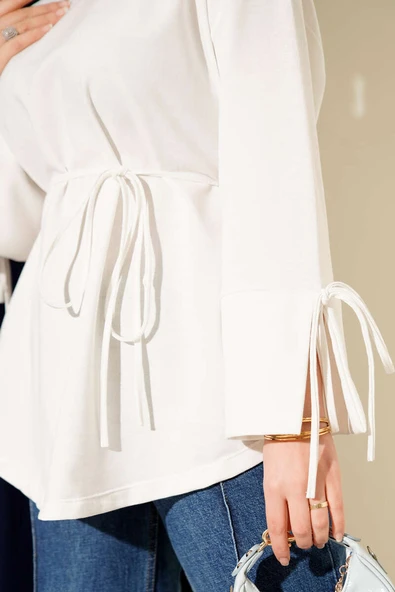 Kolları Bağcıklı İki İpli Tunik Beyaz - Resim 4