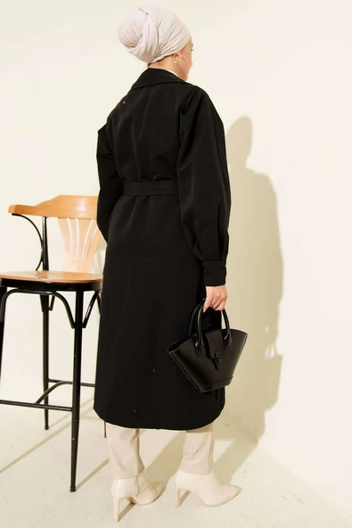 Kruvaze Yaka Kuşak Detaylı Trençkot Siyah - Resim 3