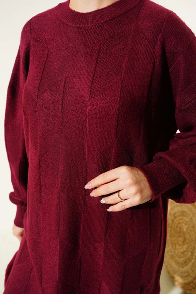 Bisiklet Yaka Yumoş Yan Yırtmaçlı Triko Tunik Bordo - Resim 4