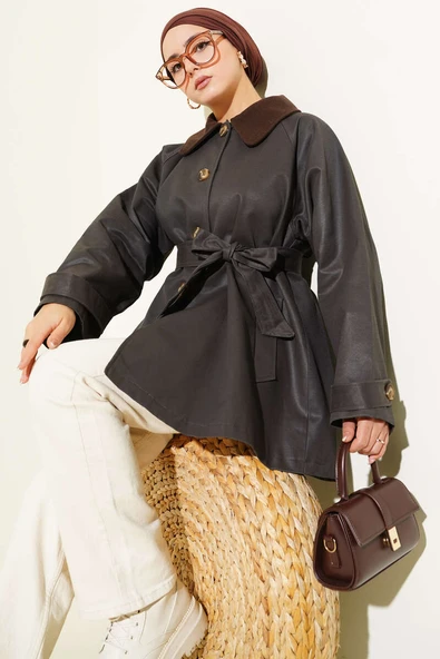 Kadife Yaka Kuşaklı Trençkot Kahve ürün görseli 1