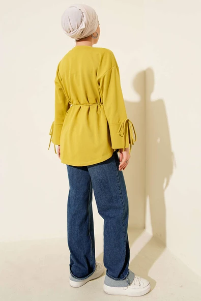 Kolları Bağcıklı İki İpli Tunik Yağ Yeşili - Resim 3