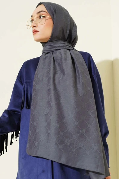 Desenli Monogram Şal Füme - Resim 2