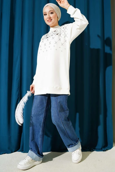 Baklava Taşlı Loyşa Tunik Ekru - Resim 2