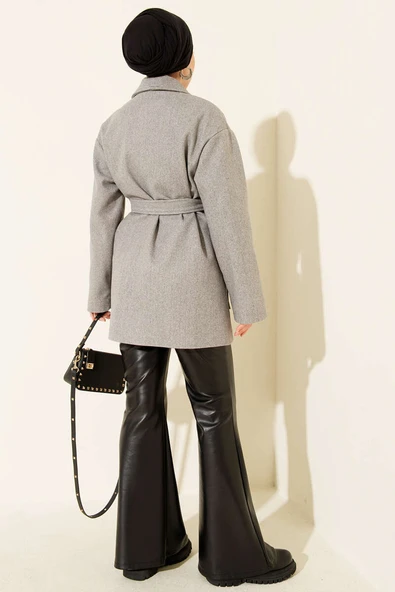 Çift Cepli Kruvaze Kuşaklı Kısa Kaban Gri - Resim 3