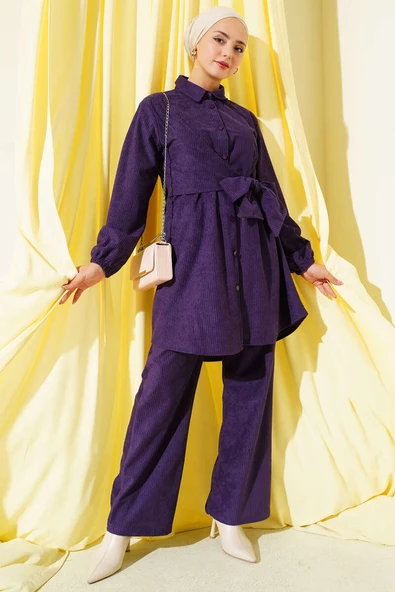 Yan Bağlamalı Kadife Fitilli İkili Takım Mor ürün görseli 1