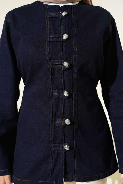 Brit Düğme Detaylı Kot Ceket Lacivert - Resim 4