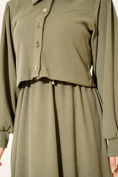 Önü Düğmeli İkili Takım Elbise Haki - Resim 4