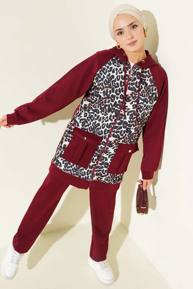 Kapüşonlu Cepli Leoparlı Scuba İkili Takım Bordo ürün görseli 1