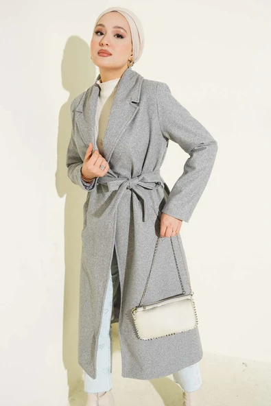 Kruvaze Yaka Kuşaklı Astarlı Kaban Gri ürün görseli 1