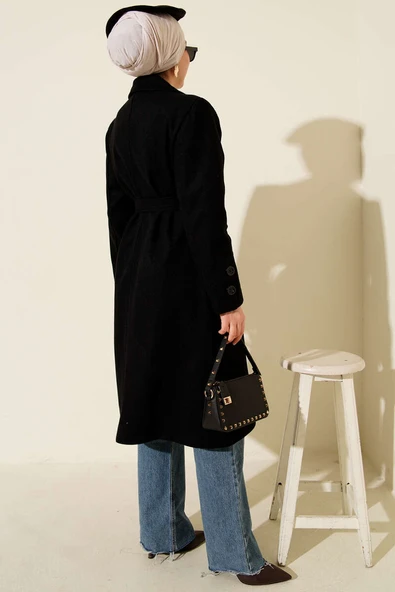 Kol Düğmeli Kuşaklı Kaşe Kaban Siyah - Resim 3