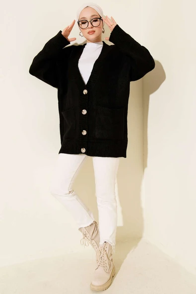 Çift Cepli Düğmeli Triko Hırka Siyah - Resim 2