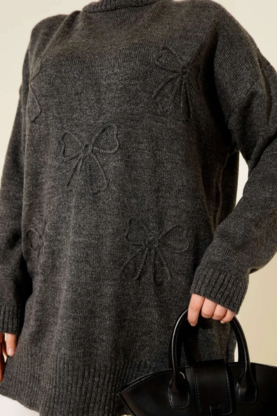 Fiyonklu Yumoş Triko Tunik Füme - Resim 4